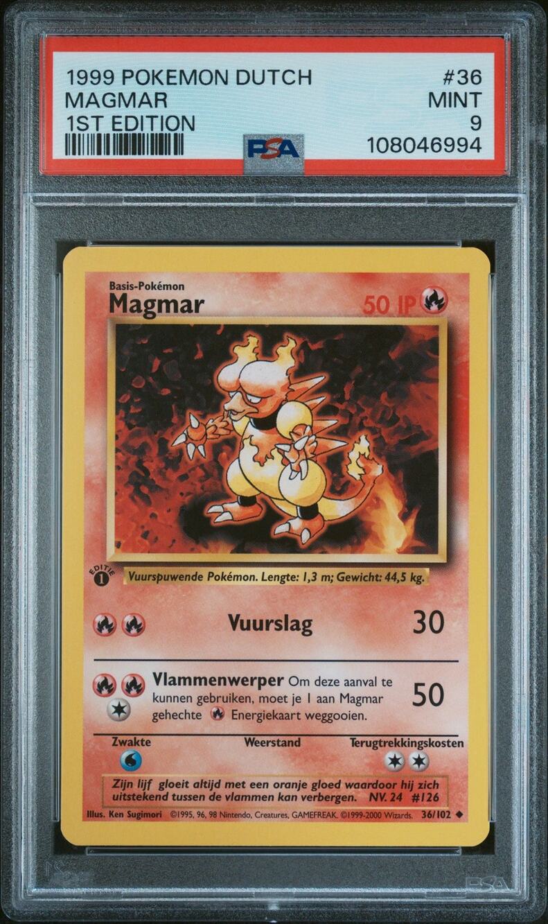 PSA 9 MINT Magmar 1st Edition 36/102 Pokémon 1999 Dutch Base Set (CGC/BGS)